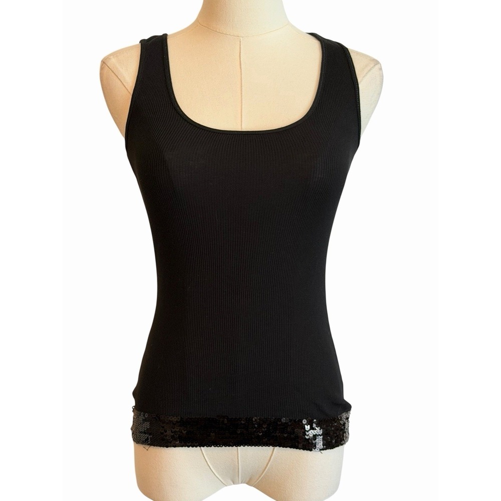 Express Sequin Hem Tank Top Womens Size XS Black Ribbed Pima Cotton Y2K Glam
